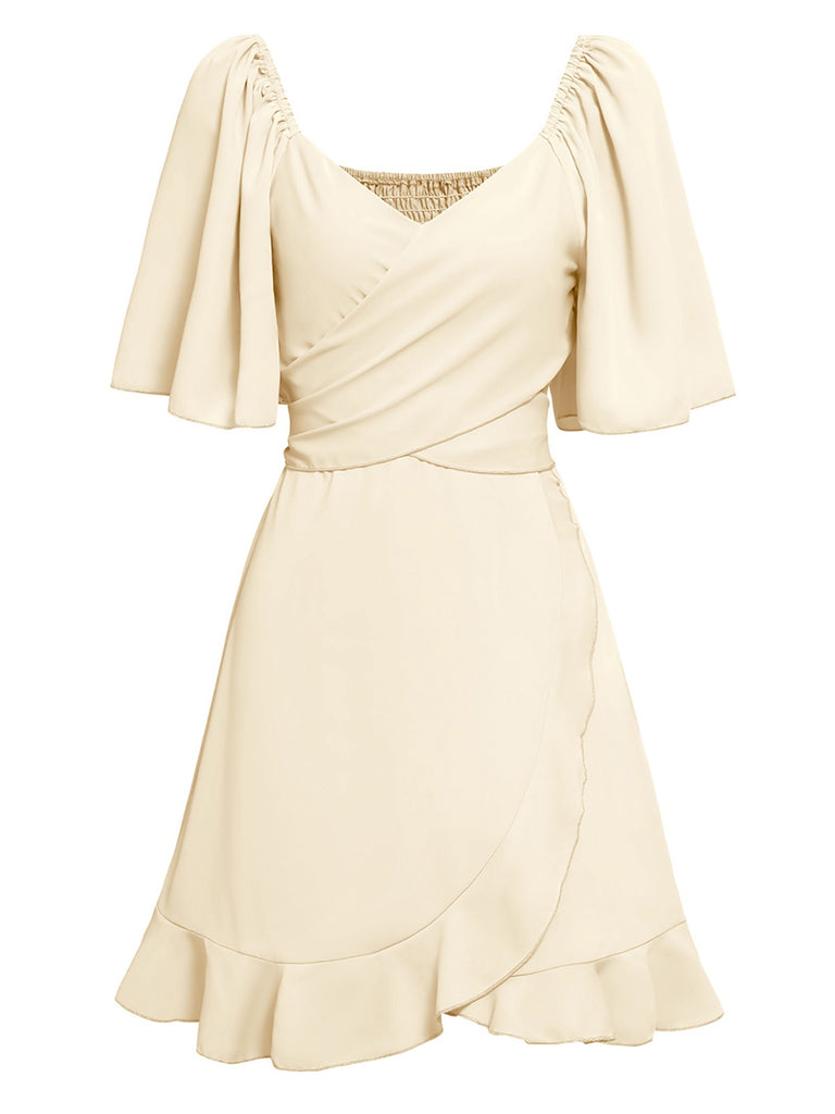 1930s Solid V-Neck Waist Ruffle Dress