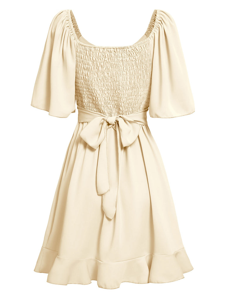 1930s Solid V-Neck Waist Ruffle Dress