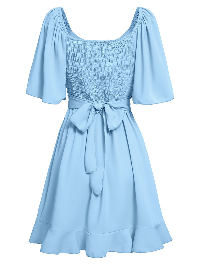 1930s Solid V-Neck Waist Ruffle Dress
