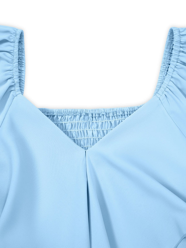 1930s Solid V-Neck Waist Ruffle Dress