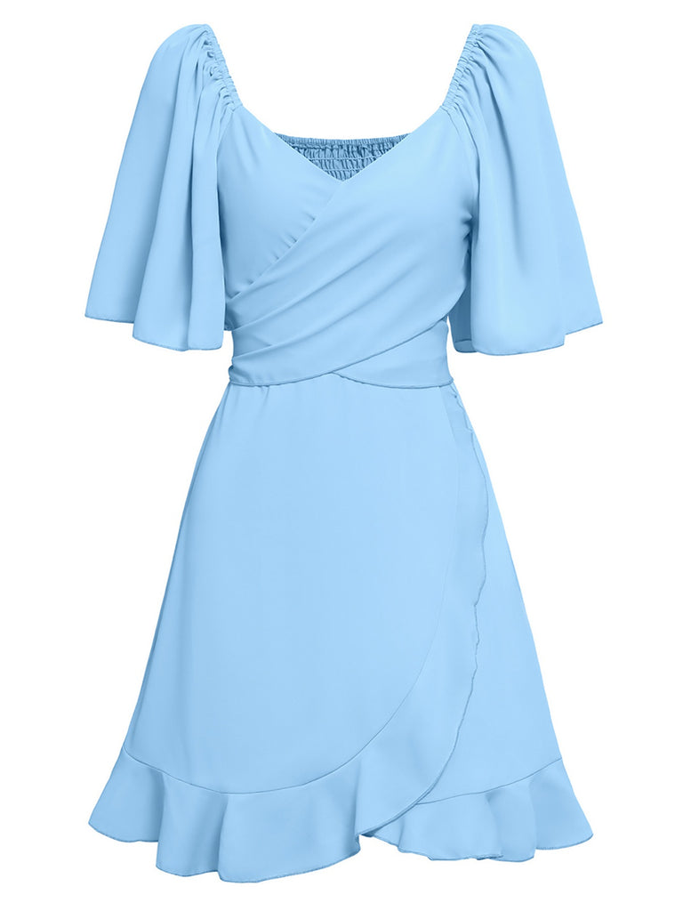 1930s Solid V-Neck Waist Ruffle Dress