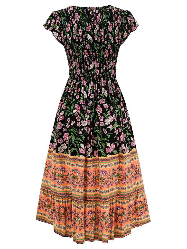 1970s Floral Printed Flounce Sleeves Bohemian Dress