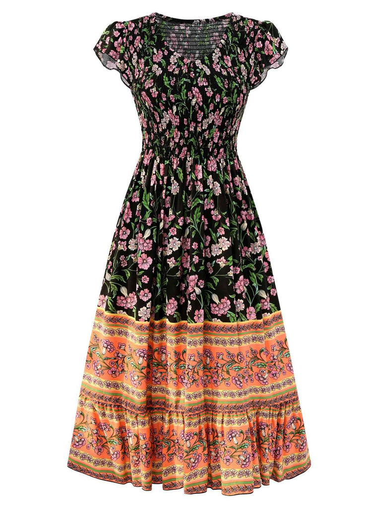 1970s Floral Printed Flounce Sleeves Bohemian Dress
