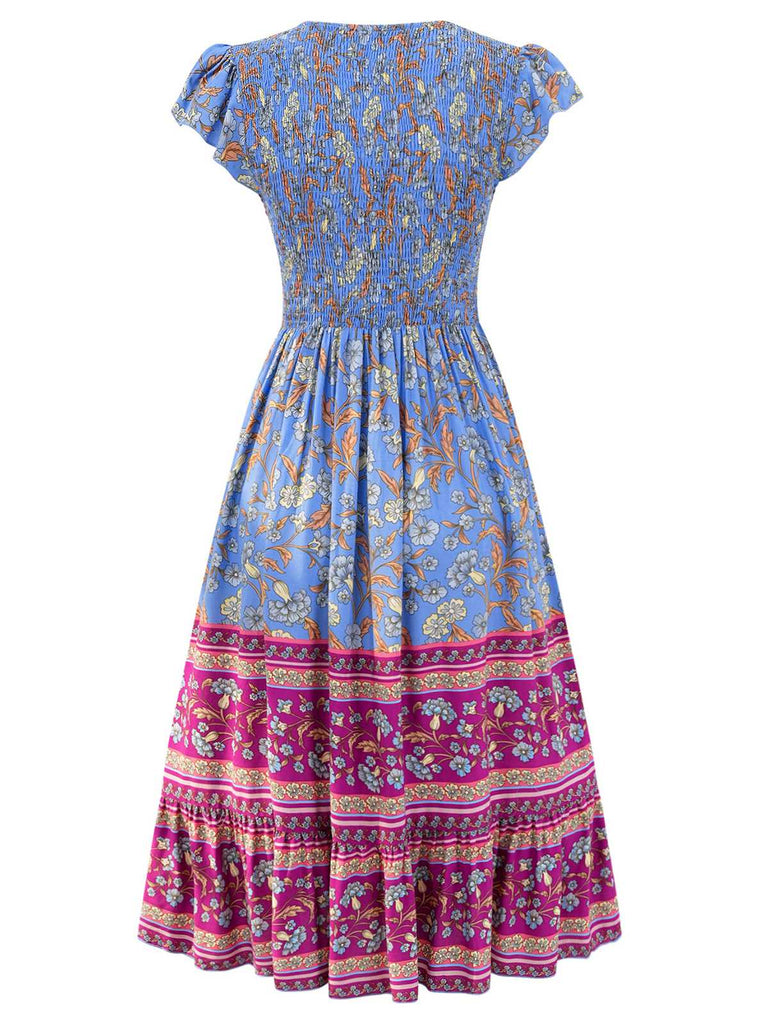 1970s Floral Printed Flounce Sleeves Bohemian Dress