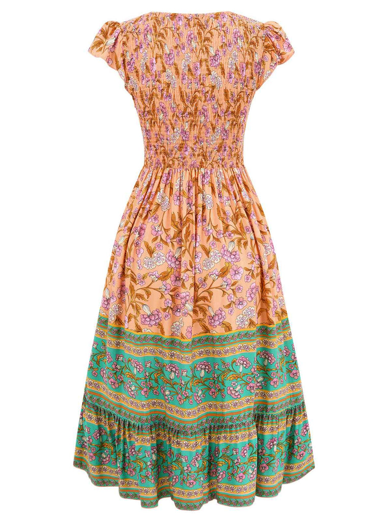 1970s Floral Printed Flounce Sleeves Bohemian Dress