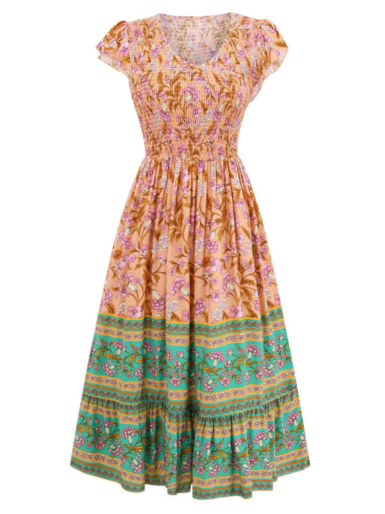 1970s Floral Printed Flounce Sleeves Bohemian Dress