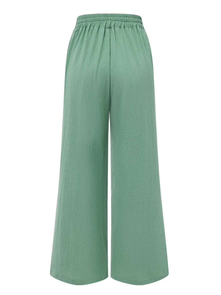 Green 1940s Solid Textured Wide-Leg Pants