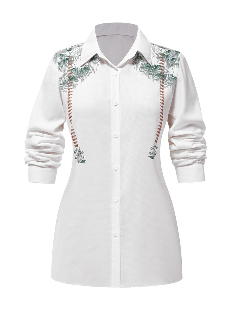 White 1940s Lapel Palm Trees Blouse