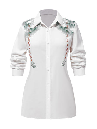 White 1940s Lapel Palm Trees Blouse