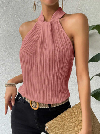 1970s Halter Pleated Sleeveless Solid Top