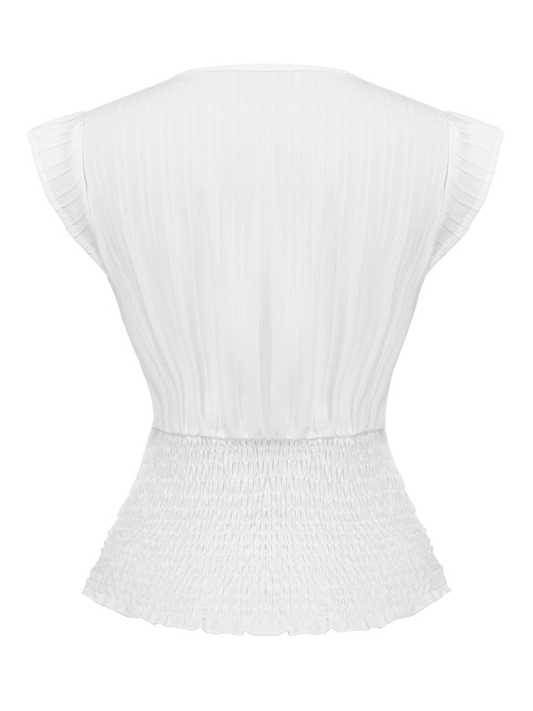 White 1970s V-Neck Embroidered Floral Ruched Blouse