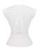 White 1970s V-Neck Embroidered Floral Ruched Blouse