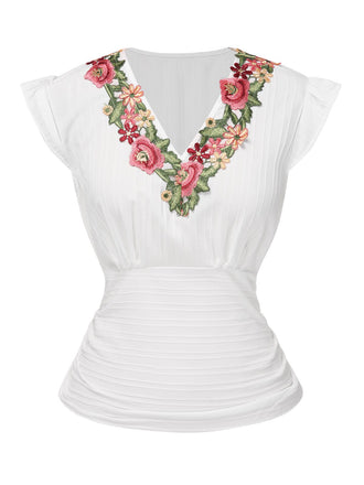White 1970s V-Neck Embroidered Floral Ruched Blouse
