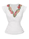 White 1970s V-Neck Embroidered Floral Ruched Blouse