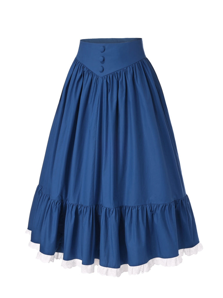 Blue 1940s Cotton Lace Hem Pleated Skirt
