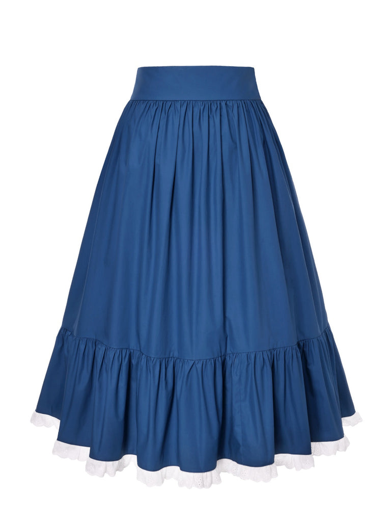 Blue 1940s Cotton Lace Hem Pleated Skirt