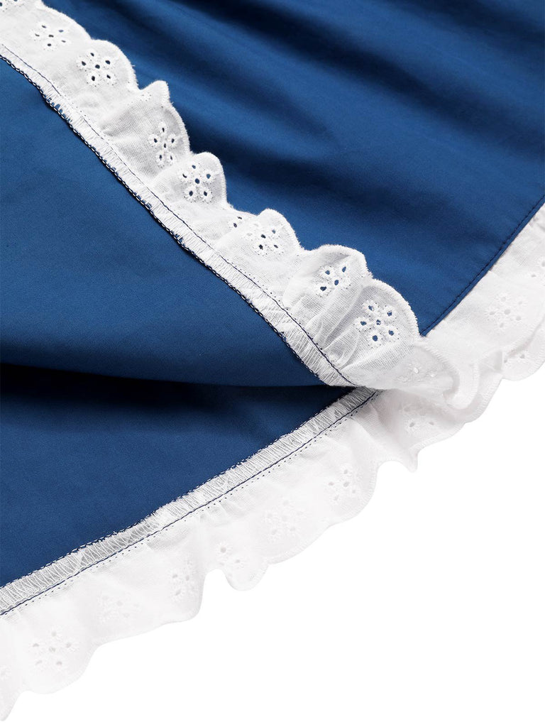 Blue 1940s Cotton Lace Hem Pleated Skirt