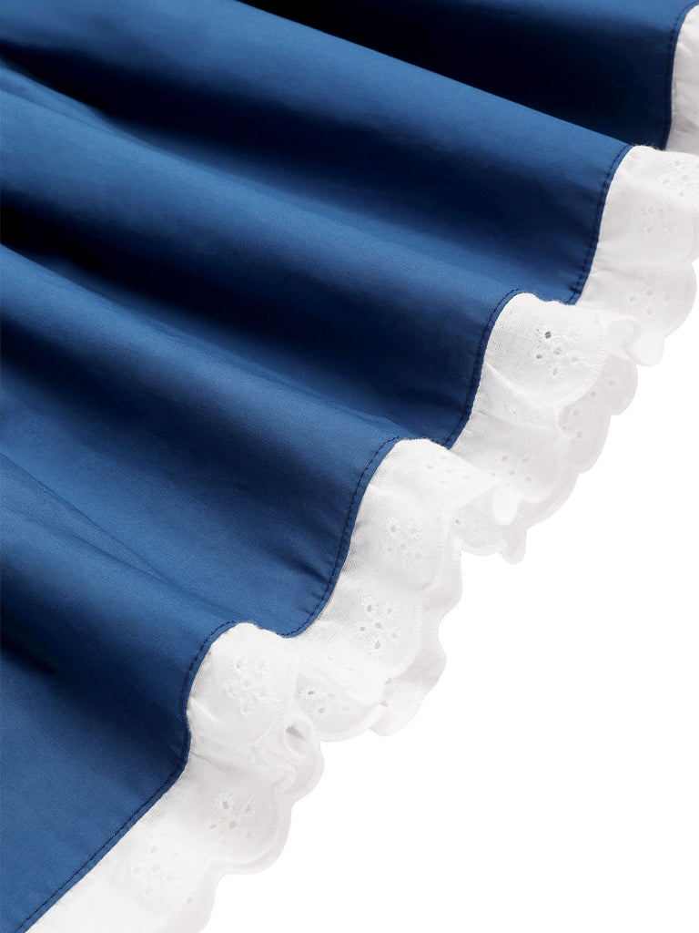 Blue 1940s Cotton Lace Hem Pleated Skirt
