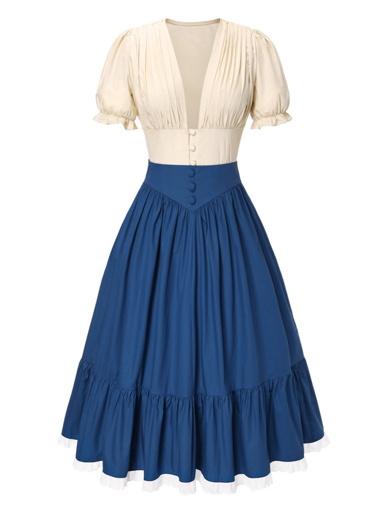 2PCS 1940s Cotton Cream V-Neck Top & Blue Pleated Skirt