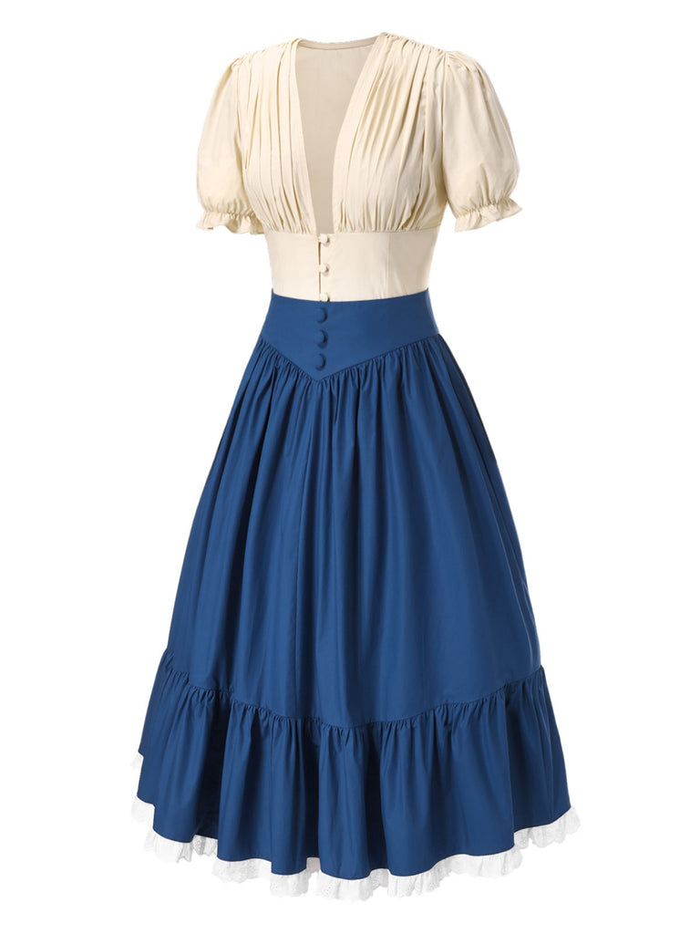 2PCS 1940s Cotton Cream V-Neck Top & Blue Pleated Skirt