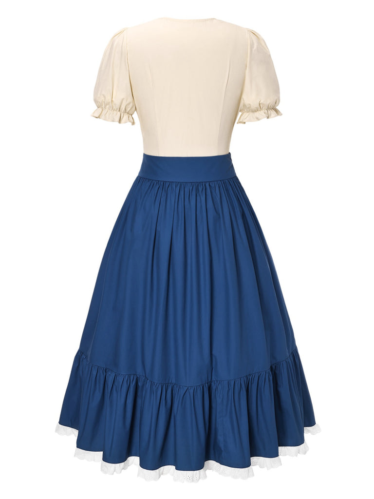2PCS 1940s Cotton Cream V-Neck Top & Blue Pleated Skirt
