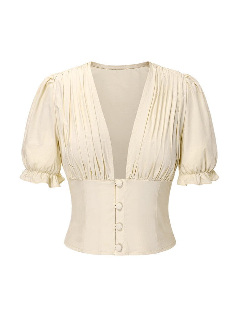Cream 1940s Cotton Deep V-Neck Ruched Top