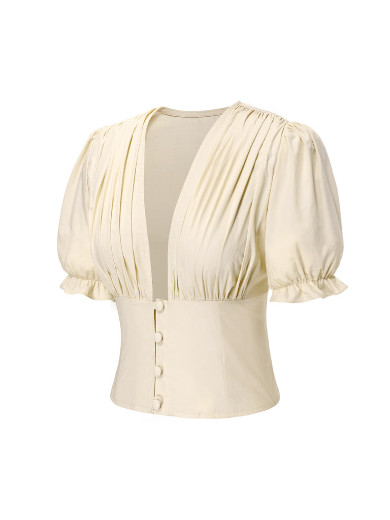 Cream 1940s Cotton Deep V-Neck Ruched Top