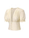 Cream 1940s Cotton Deep V-Neck Ruched Top
