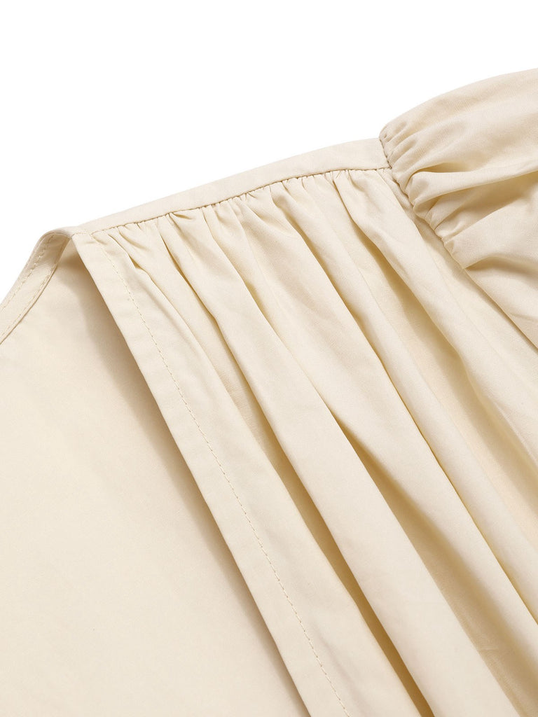 Cream 1940s Cotton Deep V-Neck Ruched Top