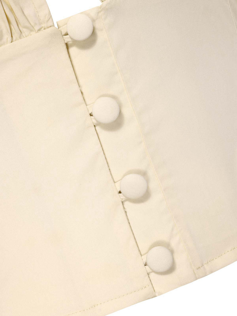 Cream 1940s Cotton Deep V-Neck Ruched Top