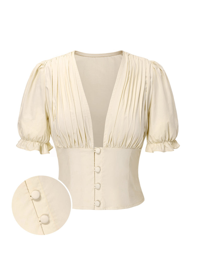 Cream 1940s Cotton Deep V-Neck Ruched Top