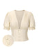 Cream 1940s Cotton Deep V-Neck Ruched Top