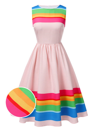 Multicolor 1950s Rainbow Striped Boat Neck Dress