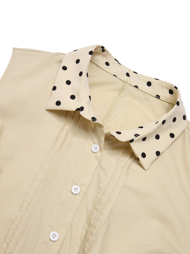 Beige 1940s Cotton Polka Dot Lapel Dress