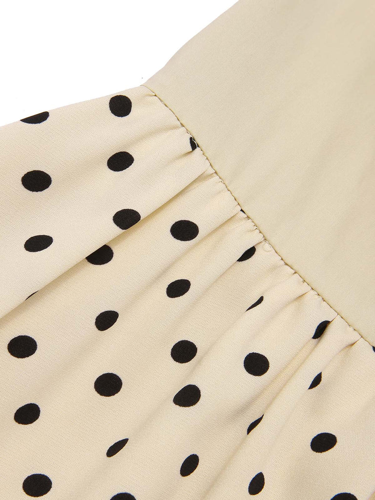Beige 1940s Cotton Polka Dot Lapel Dress