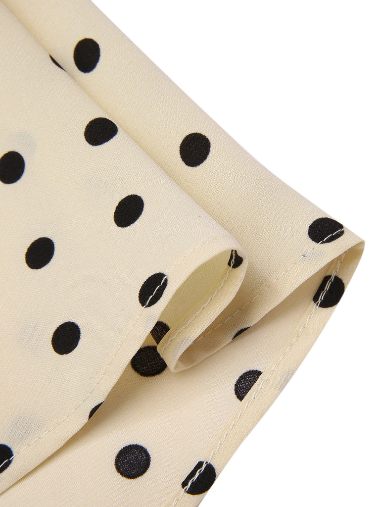 Beige 1940s Cotton Polka Dot Lapel Dress