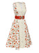 Beige & Red 1950s Painting Roses Belted Dress