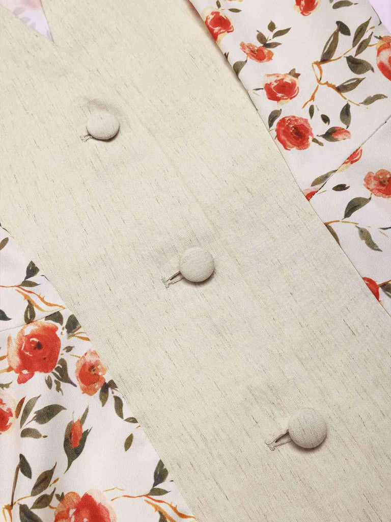 Beige & Red 1950s Painting Roses Belted Dress