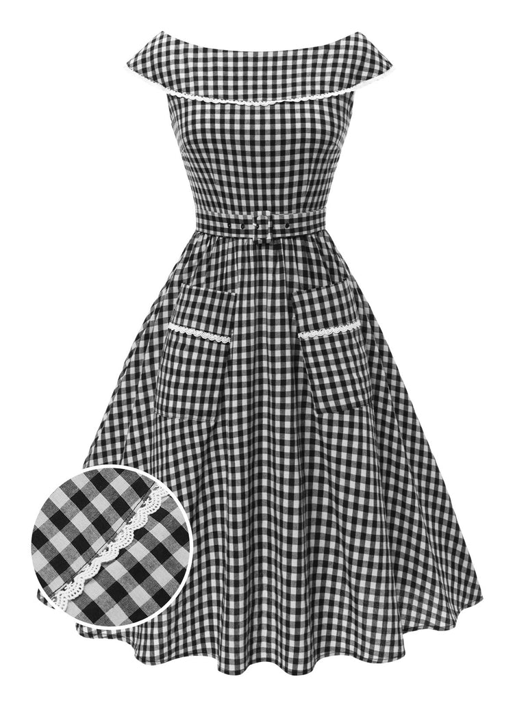Black 1950s Gingham Plaid Lace Trim Belted Dress