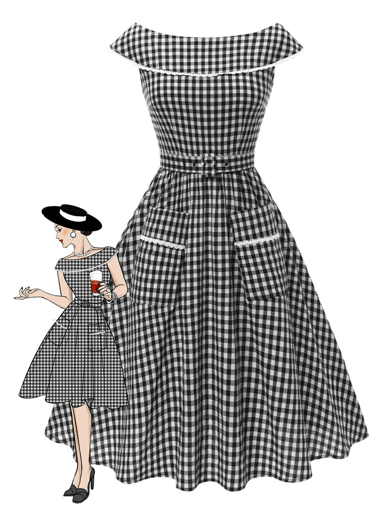 Black 1950s Gingham Plaid Lace Trim Belted Dress