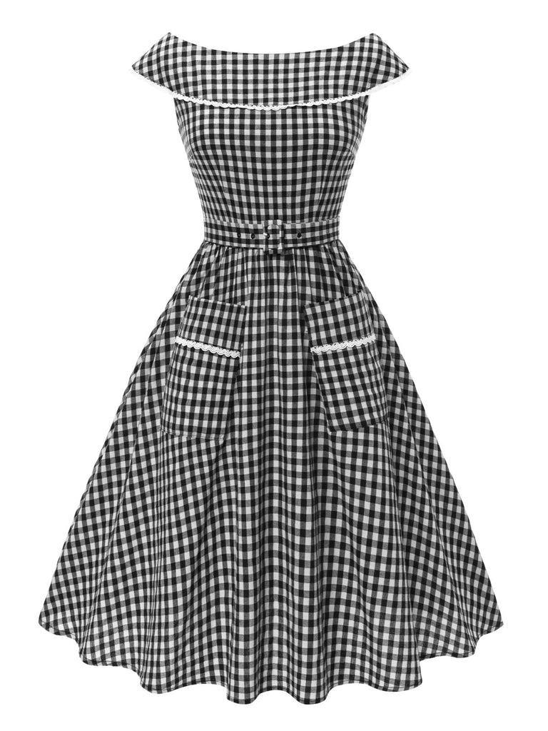 Black 1950s Gingham Plaid Lace Trim Belted Dress