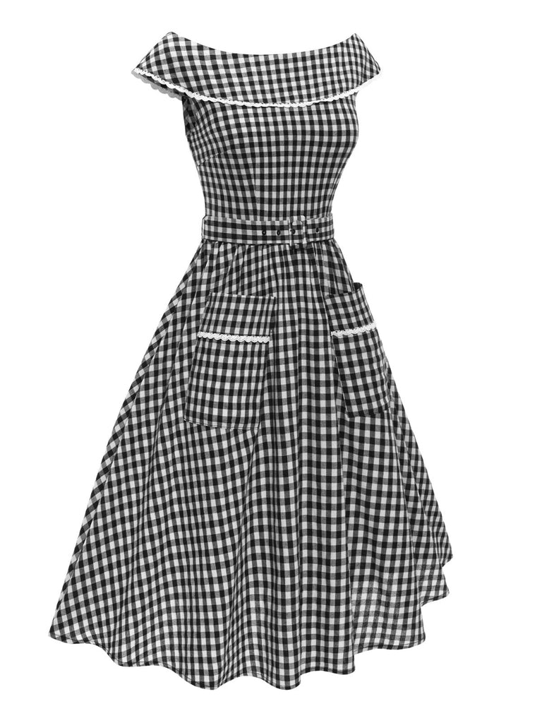 Black 1950s Gingham Plaid Lace Trim Belted Dress