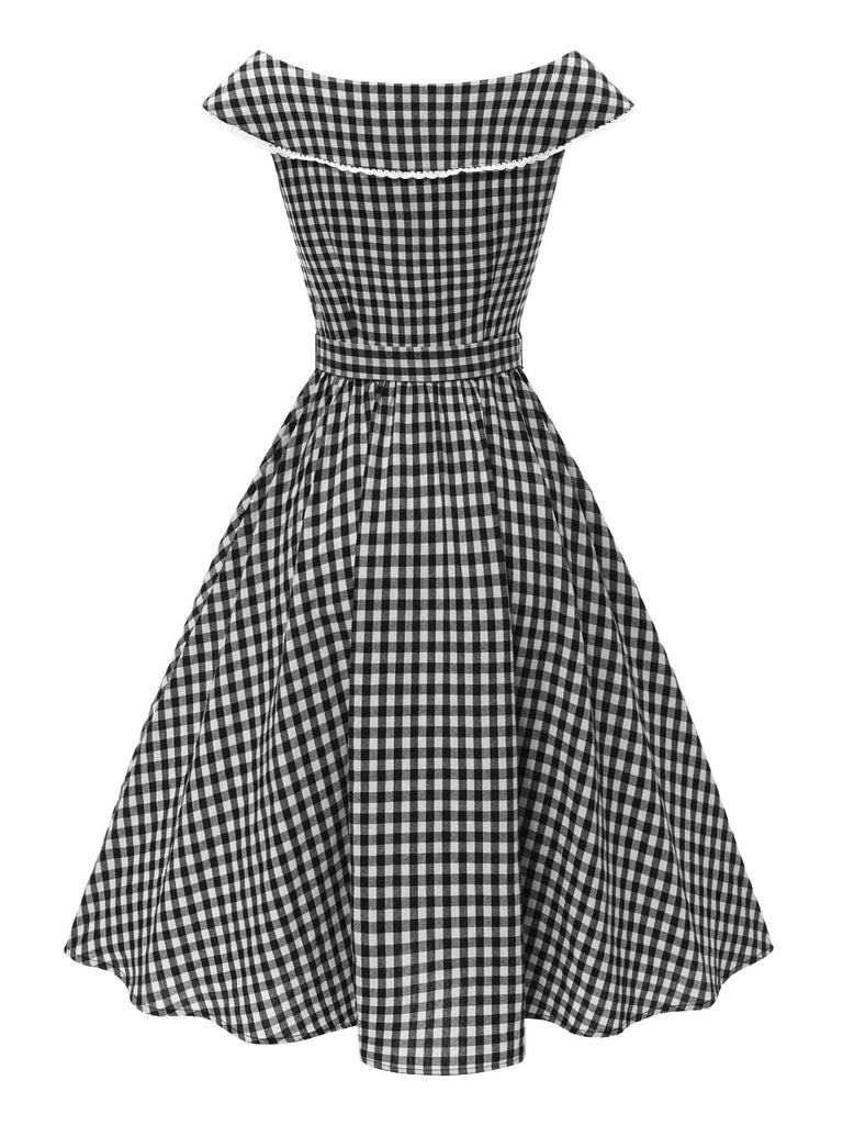 Black 1950s Gingham Plaid Lace Trim Belted Dress