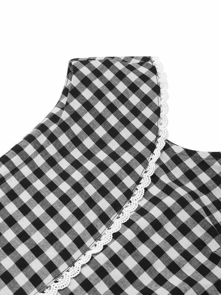 Black 1950s Gingham Plaid Lace Trim Belted Dress