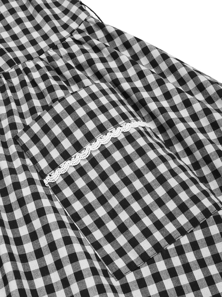 Black 1950s Gingham Plaid Lace Trim Belted Dress