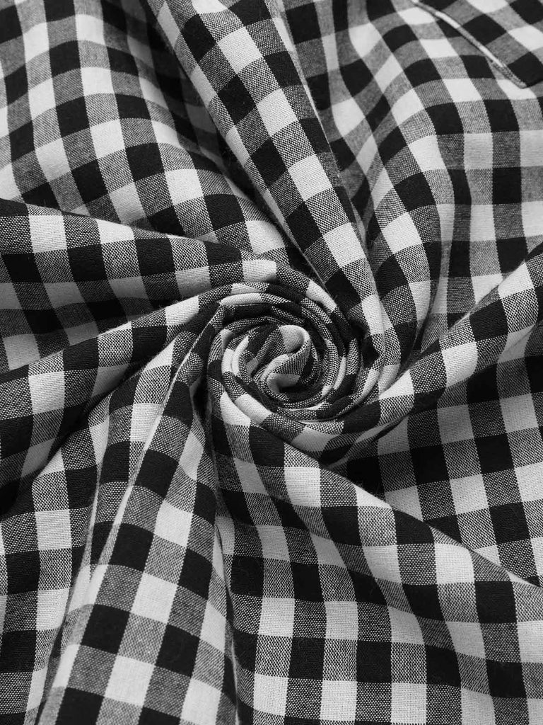 Black 1950s Gingham Plaid Lace Trim Belted Dress