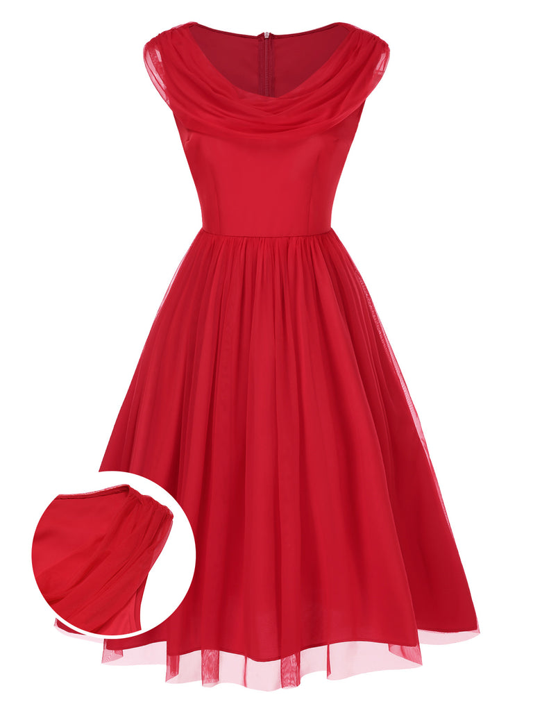 [Pre-Sale] Red 1950s Solid Mesh Layered Cowl Neck Dress