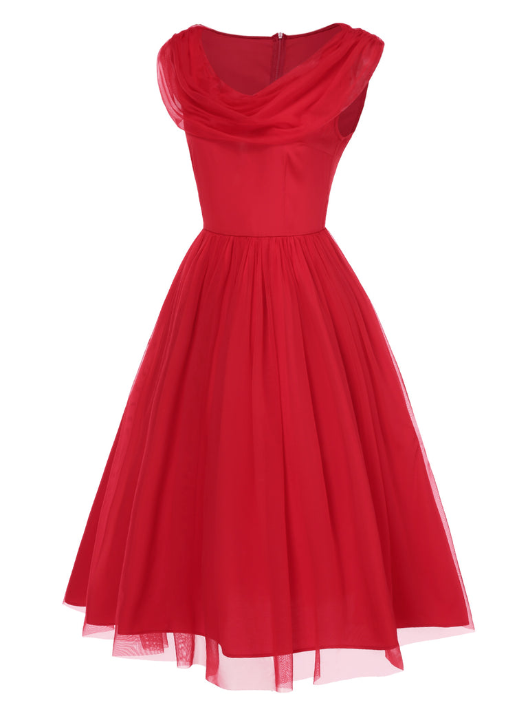 [Pre-Sale] Red 1950s Solid Mesh Layered Cowl Neck Dress