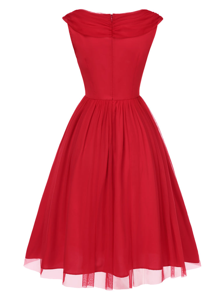 [Pre-Sale] Red 1950s Solid Mesh Layered Cowl Neck Dress