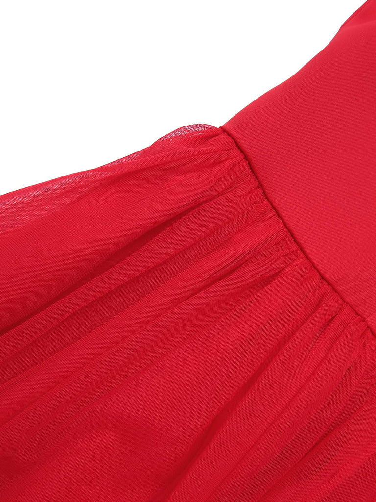 [Pre-Sale] Red 1950s Solid Mesh Layered Cowl Neck Dress